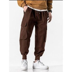 Cernucci Brown Drawstring Waist Zipper Bottoms Joggers Pants Large Cargo Pockets